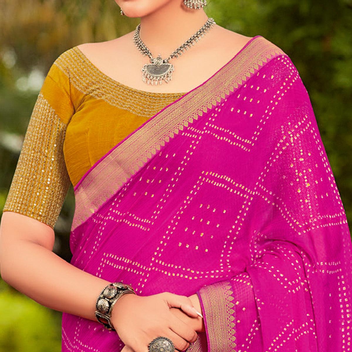 Hot Pink Partywear Printed Chiffon Saree With Border