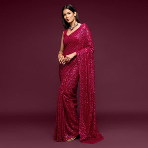 Hot Pink Partywear Thread & Sequins Embroidered Georgette Saree