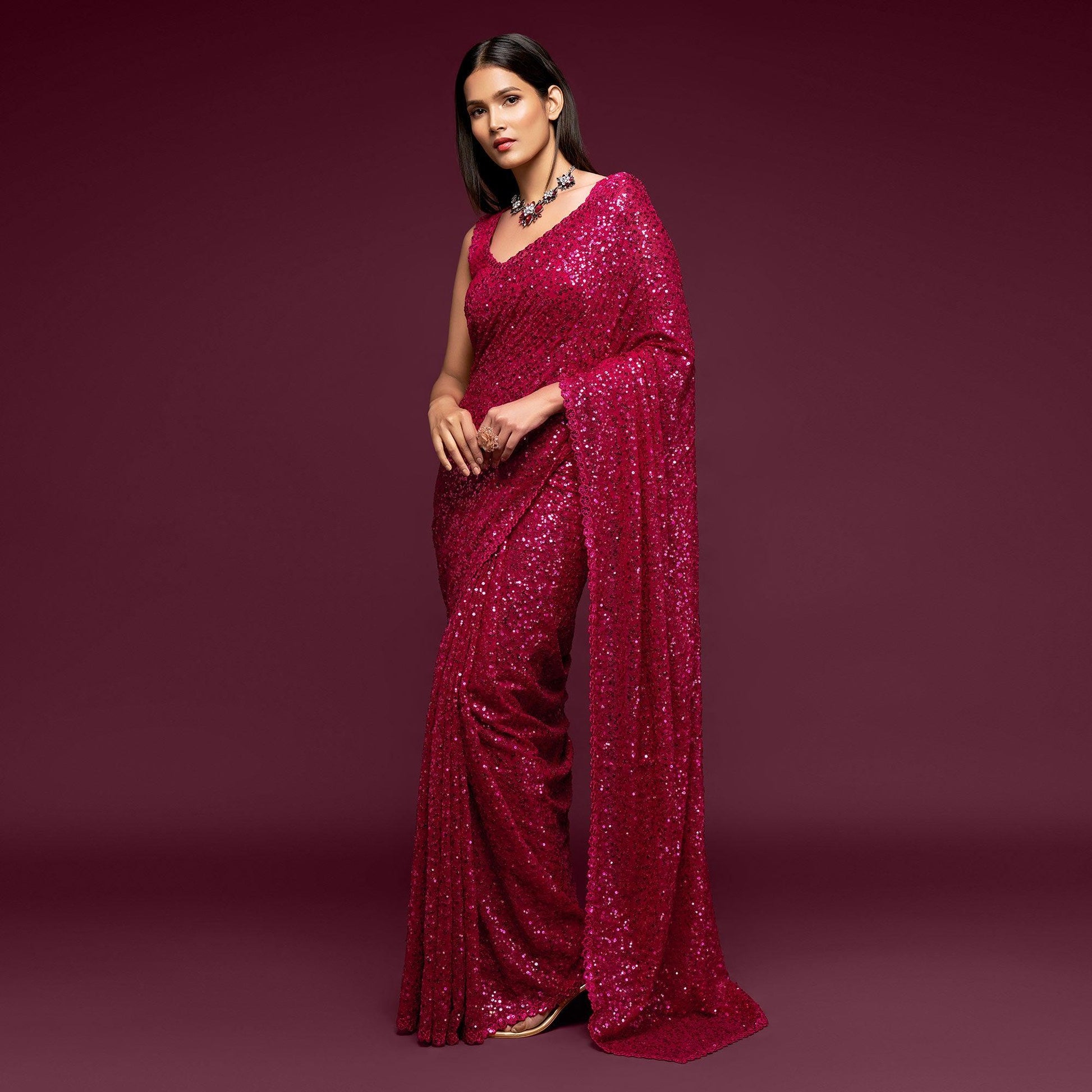 Hot Pink Partywear Thread & Sequins Embroidered Georgette Saree