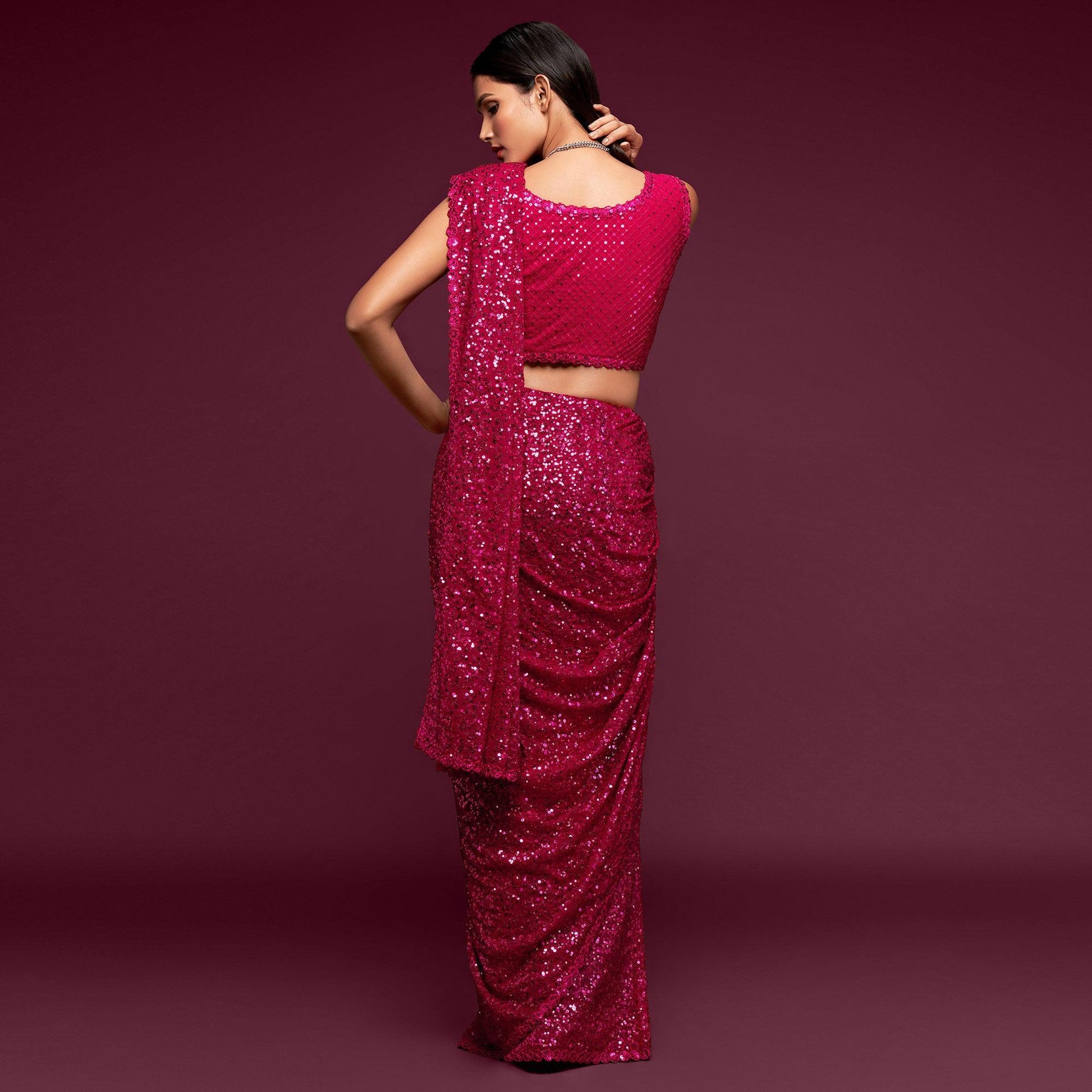 Hot Pink Partywear Thread & Sequins Embroidered Georgette Saree