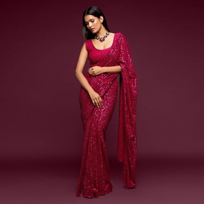 Hot Pink Partywear Thread & Sequins Embroidered Georgette Saree