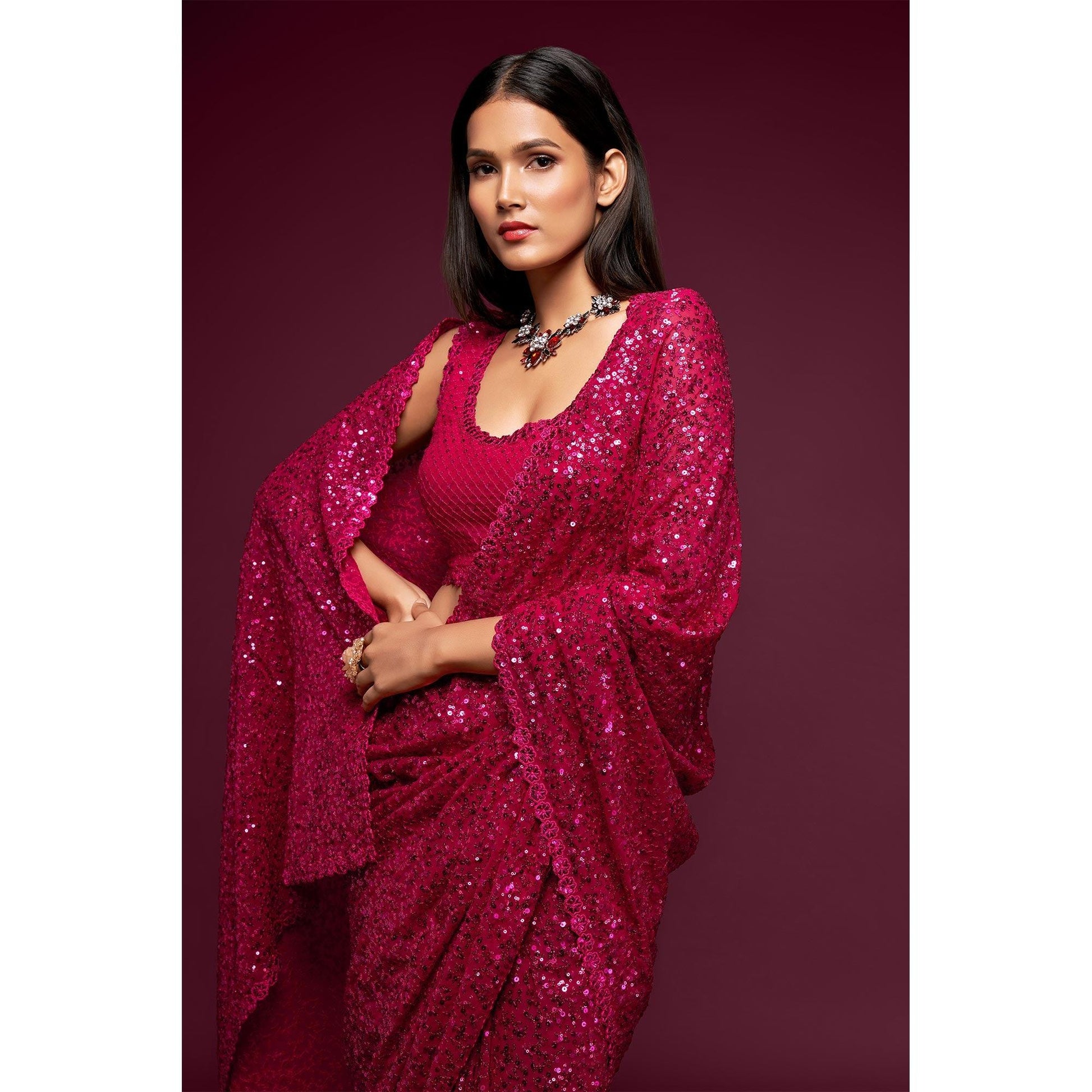 Hot Pink Partywear Thread & Sequins Embroidered Georgette Saree