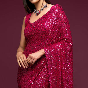 Hot Pink Partywear Thread & Sequins Embroidered Georgette Saree