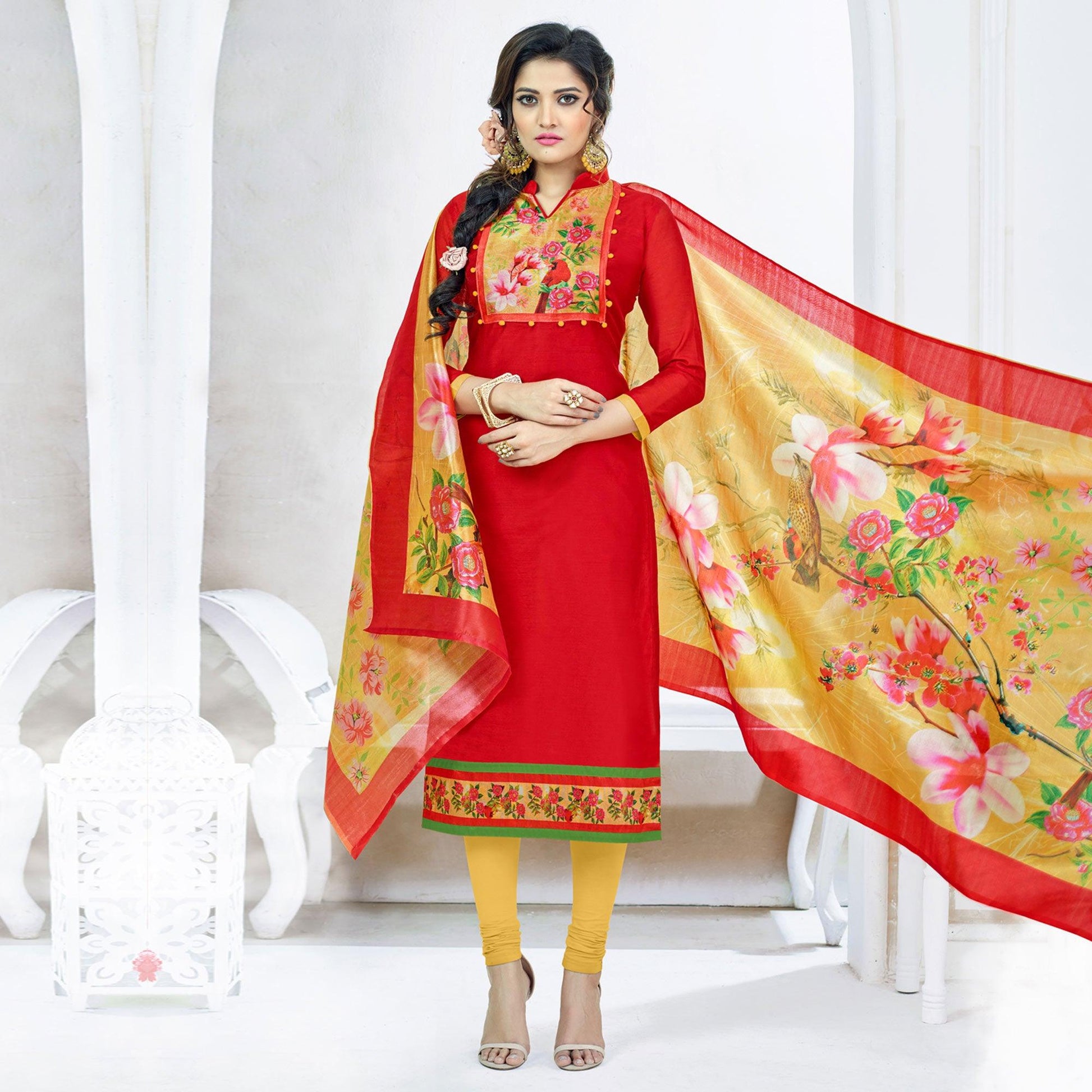 Hot Red Colored Casual Printed Chanderi Dress Material