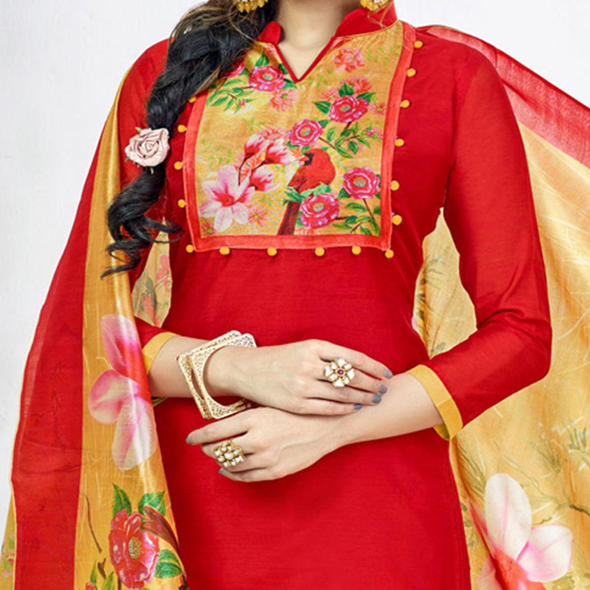 Hot Red Colored Casual Printed Chanderi Dress Material