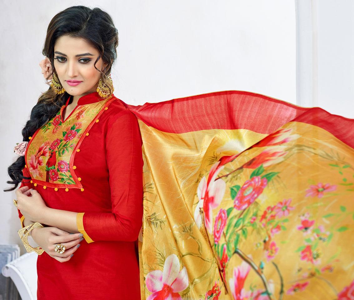 Hot Red Colored Casual Printed Chanderi Dress Material