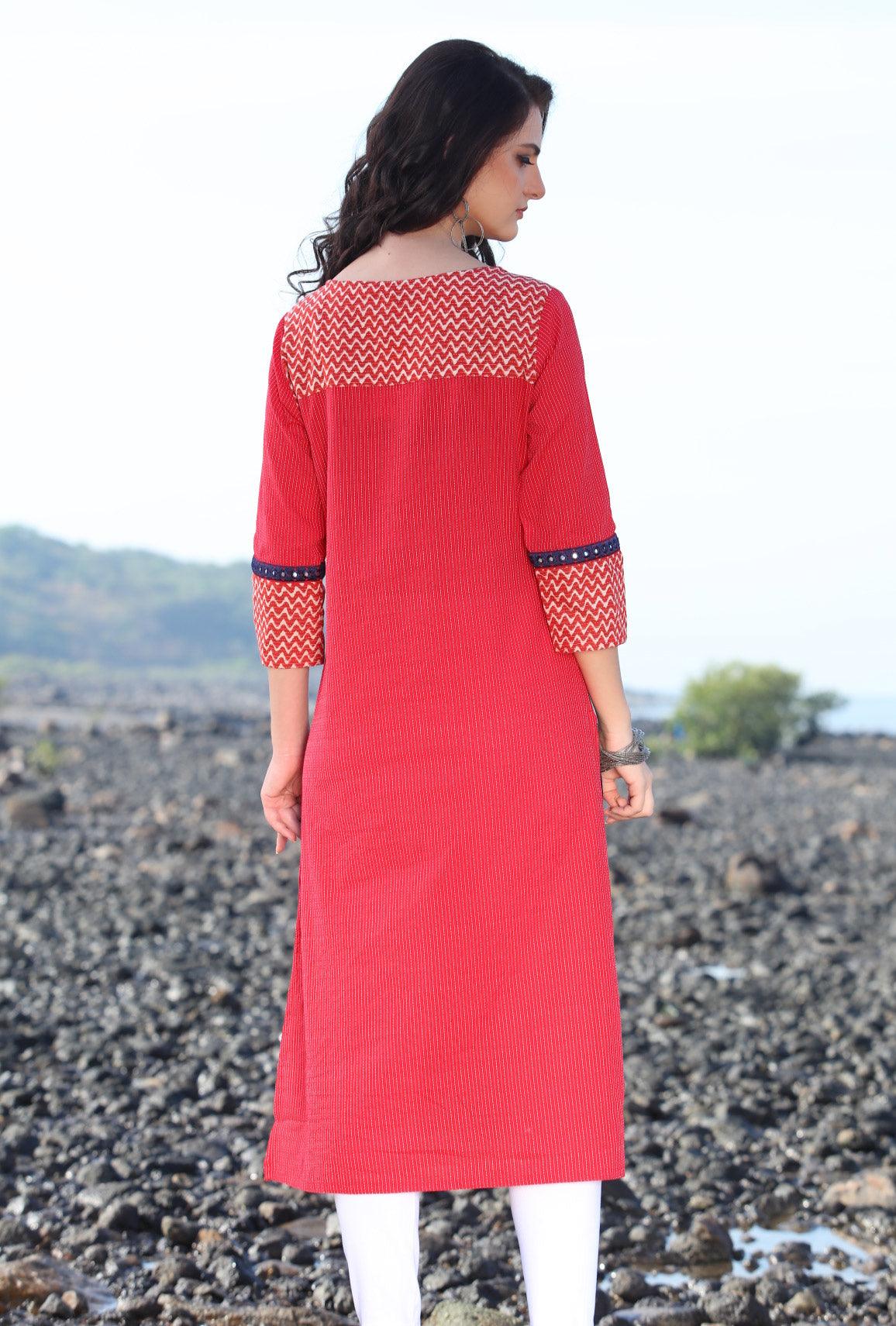 Hot Red Designer Rayon Kurti