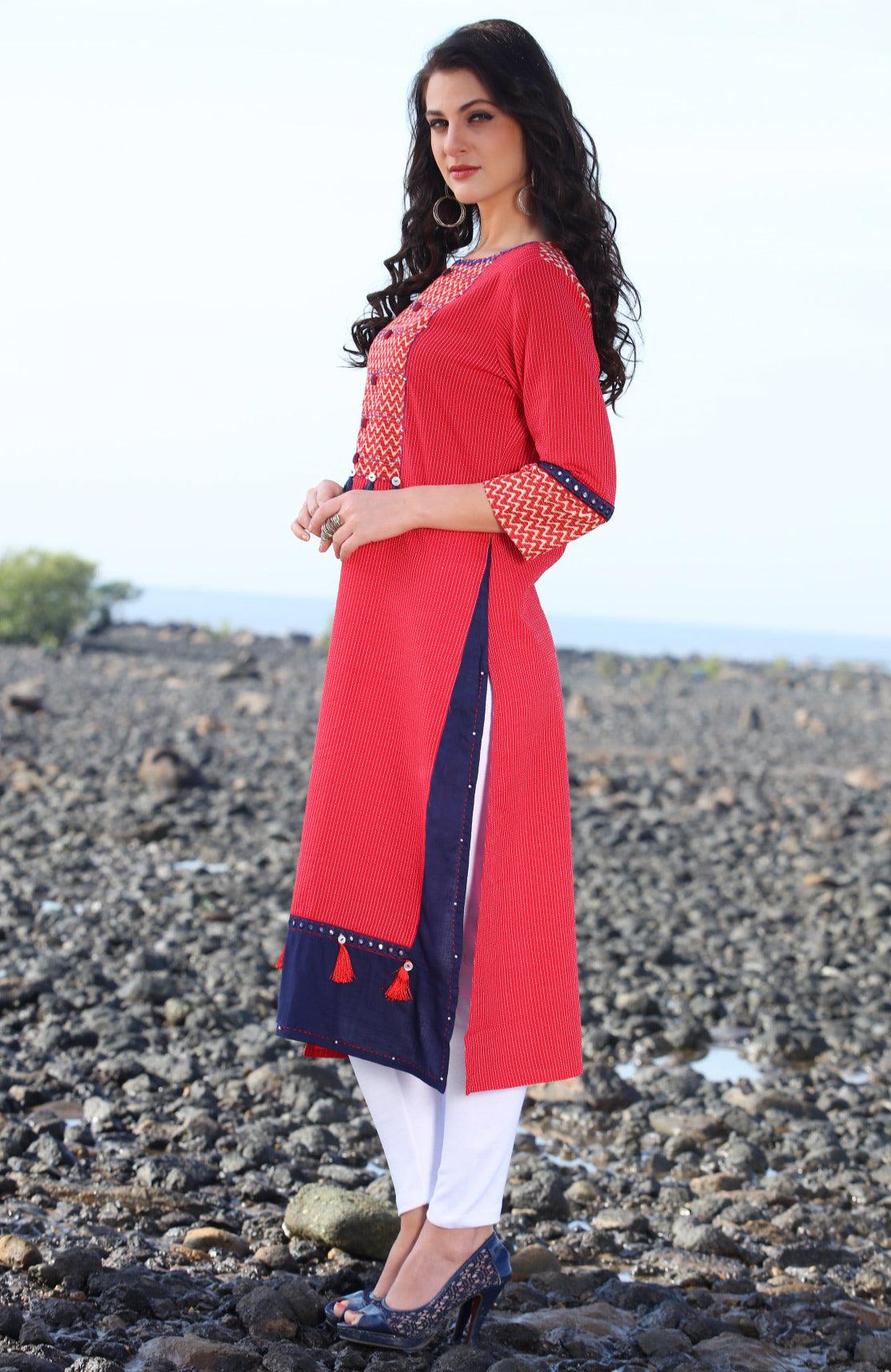 Hot Red Designer Rayon Kurti