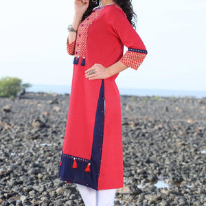 Hot Red Designer Rayon Kurti