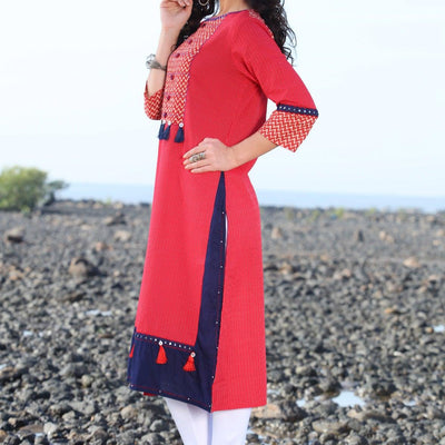 Hot Red Designer Rayon Kurti