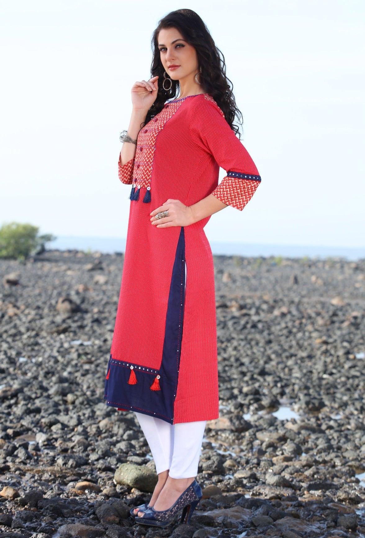 Hot Red Designer Rayon Kurti