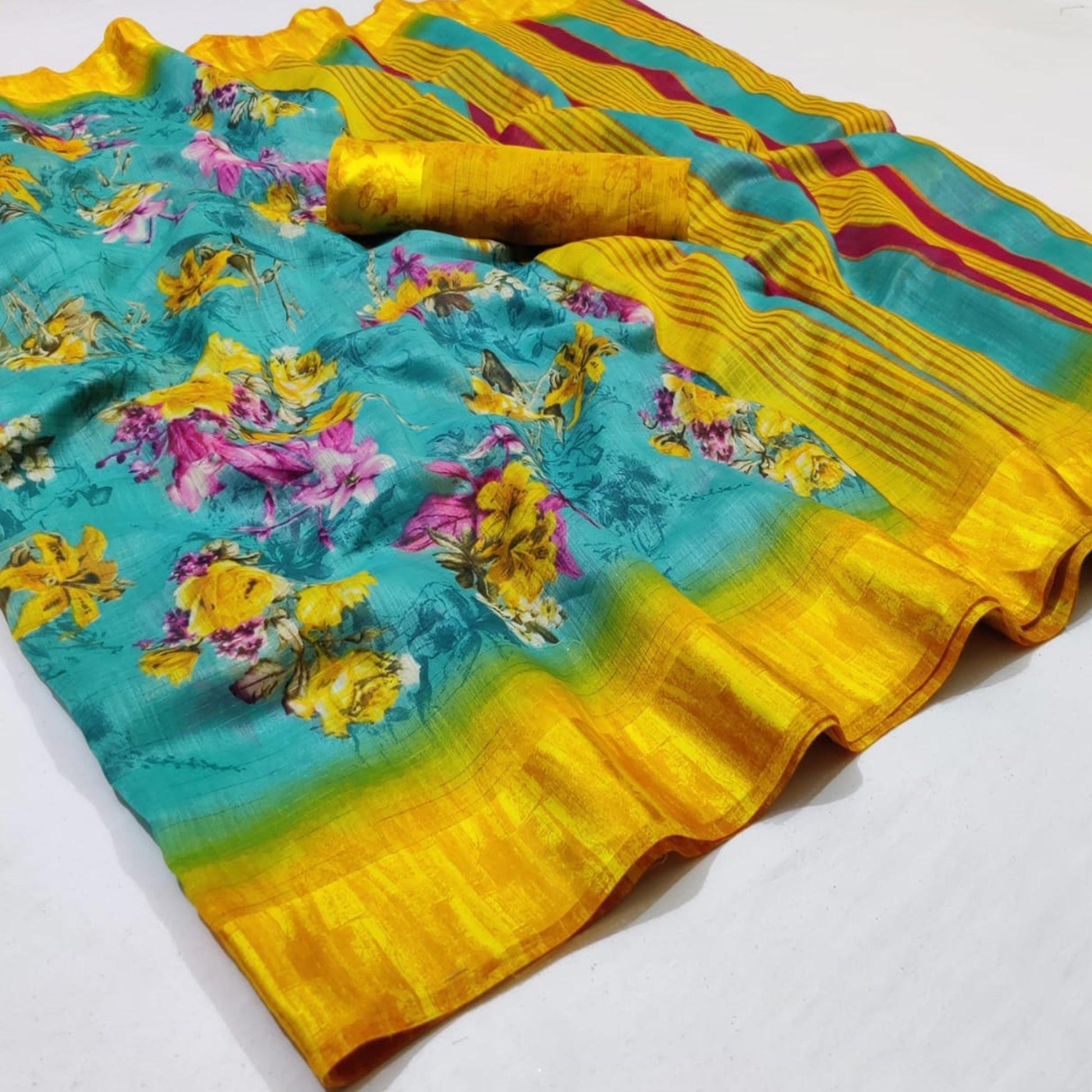 Hypnotic Aqua Blue Colored Casual Wear Printed Linen Saree