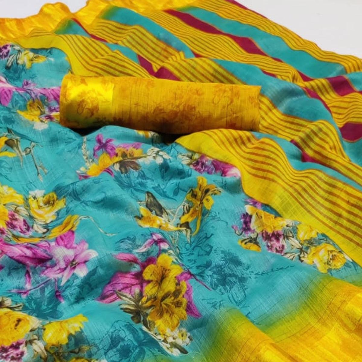 Hypnotic Aqua Blue Colored Casual Wear Printed Linen Saree