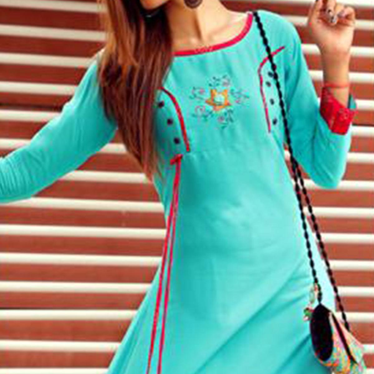 Hypnotic Aqua Blue Colored Partywear Handwork Rayon Long Kurti
