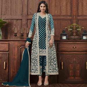 Hypnotic Aqua Blue Coloured Partywear Embroidered Butterfly Net Pakistani Straight Suit