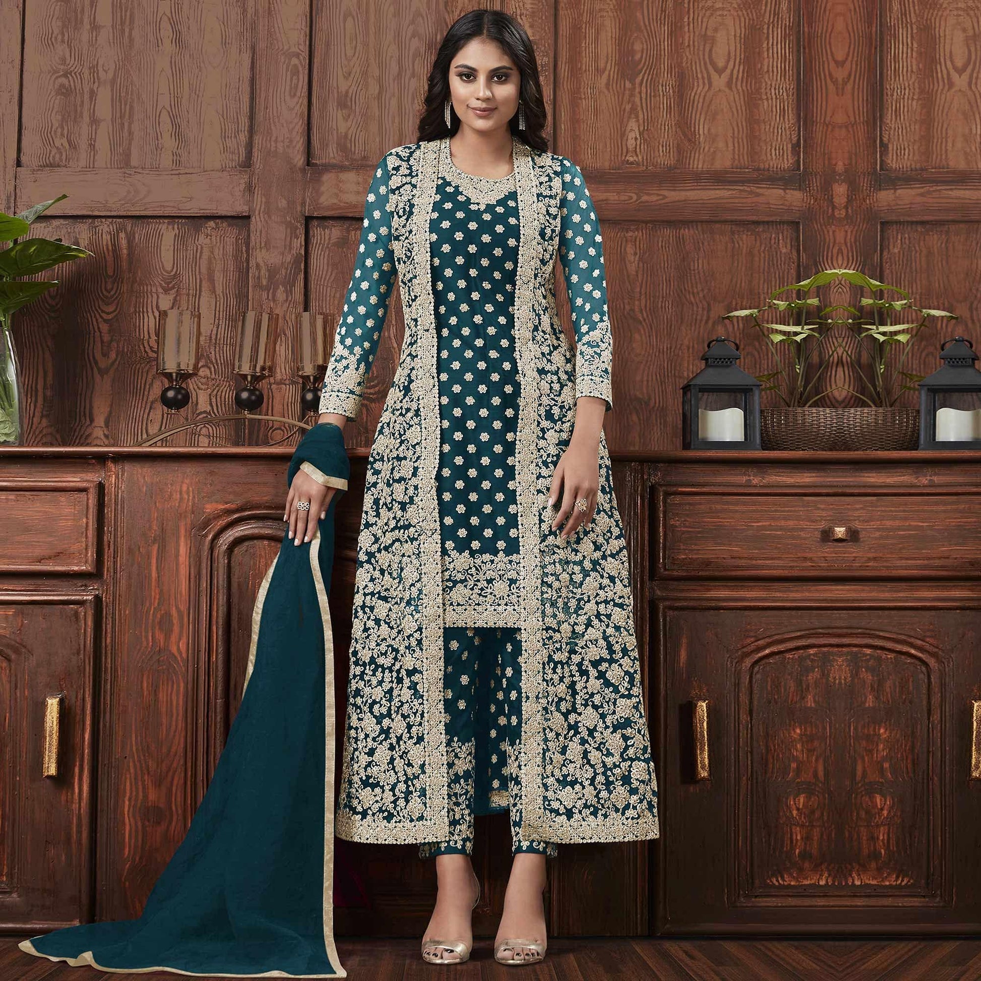 Hypnotic Aqua Blue Coloured Partywear Embroidered Butterfly Net Pakistani Straight Suit
