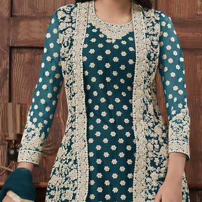 Hypnotic Aqua Blue Coloured Partywear Embroidered Butterfly Net Pakistani Straight Suit