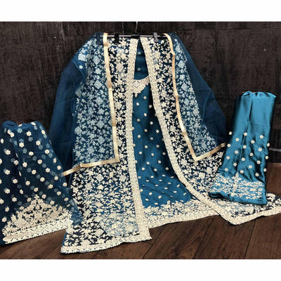 Hypnotic Aqua Blue Coloured Partywear Embroidered Butterfly Net Pakistani Straight Suit