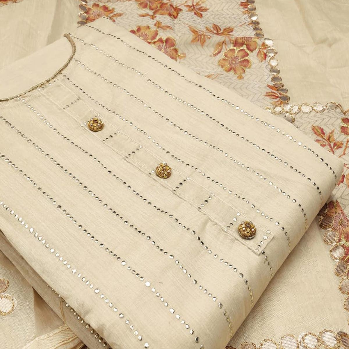 Hypnotic Beige Colored Casual Wear Embroidered Modal Silk Dress Material