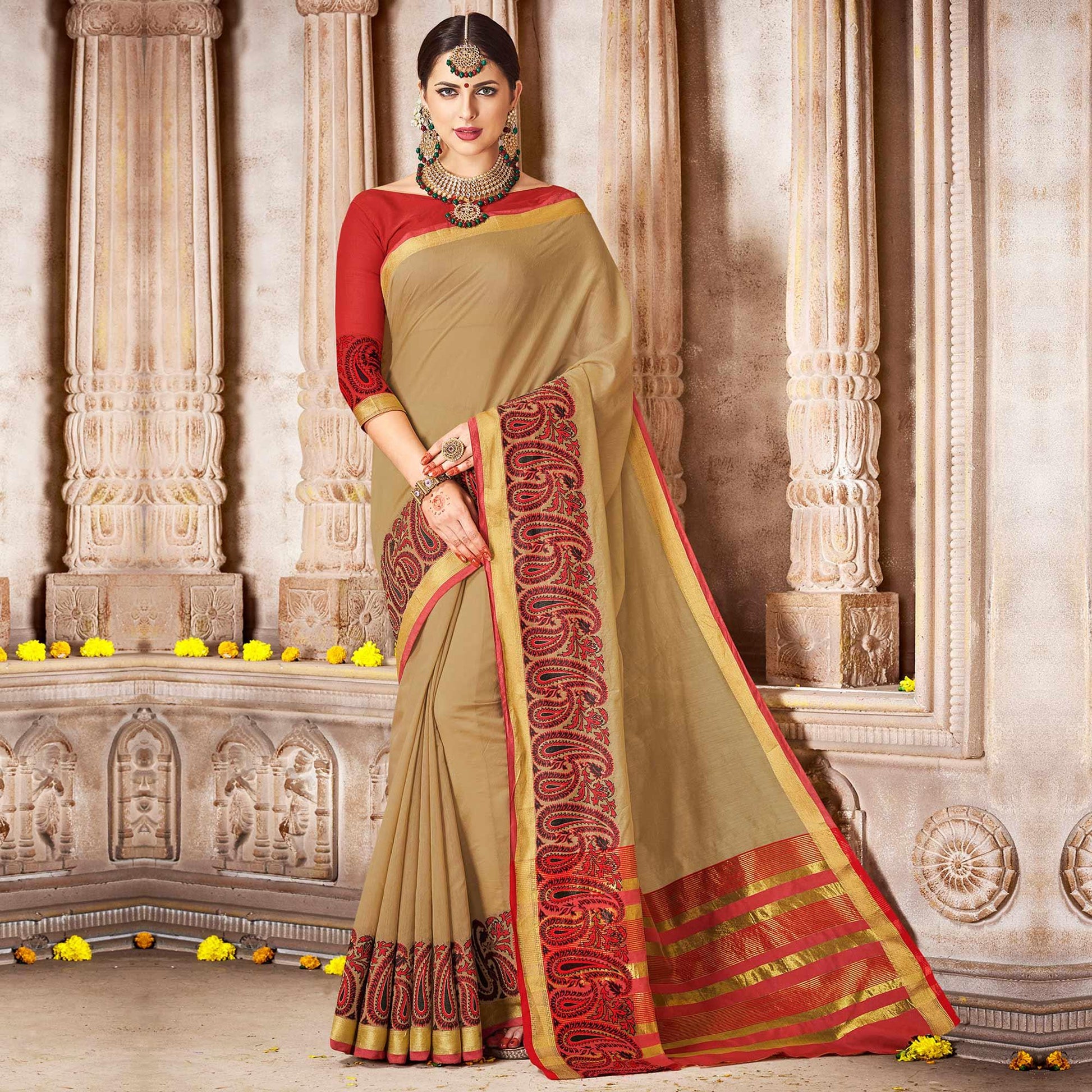 Hypnotic Beige Colored Festive Wear Woven Cotton Saree