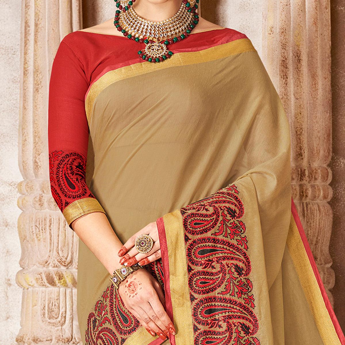 Hypnotic Beige Colored Festive Wear Woven Cotton Saree