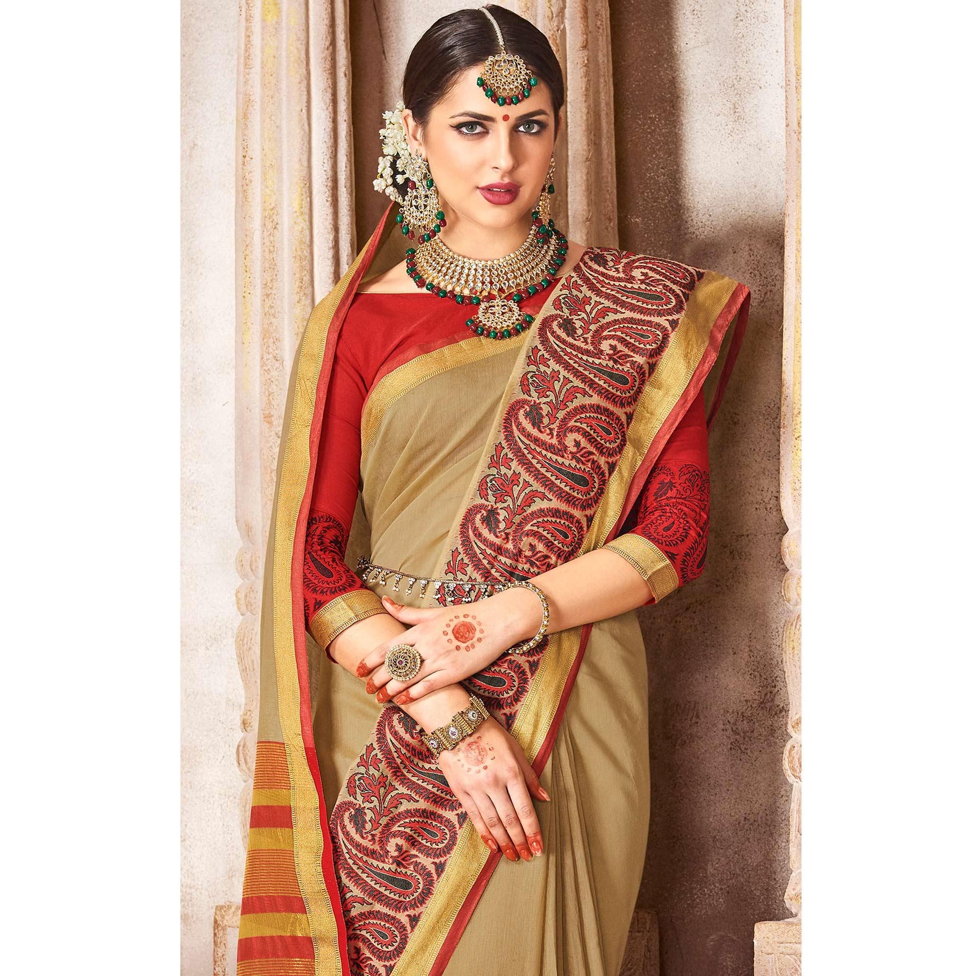 Hypnotic Beige Colored Festive Wear Woven Cotton Saree