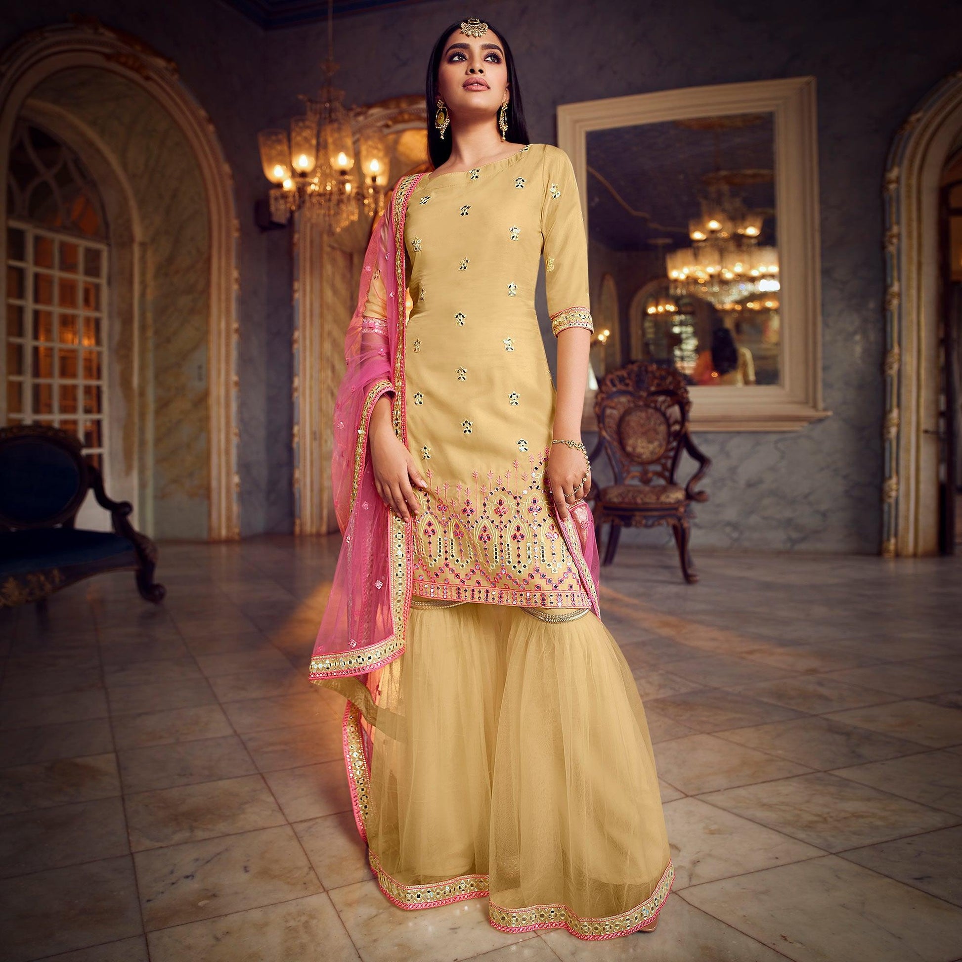 Hypnotic Beige Coloured Partywear Thread Foil Mirror Work Organza Pallazo Suit