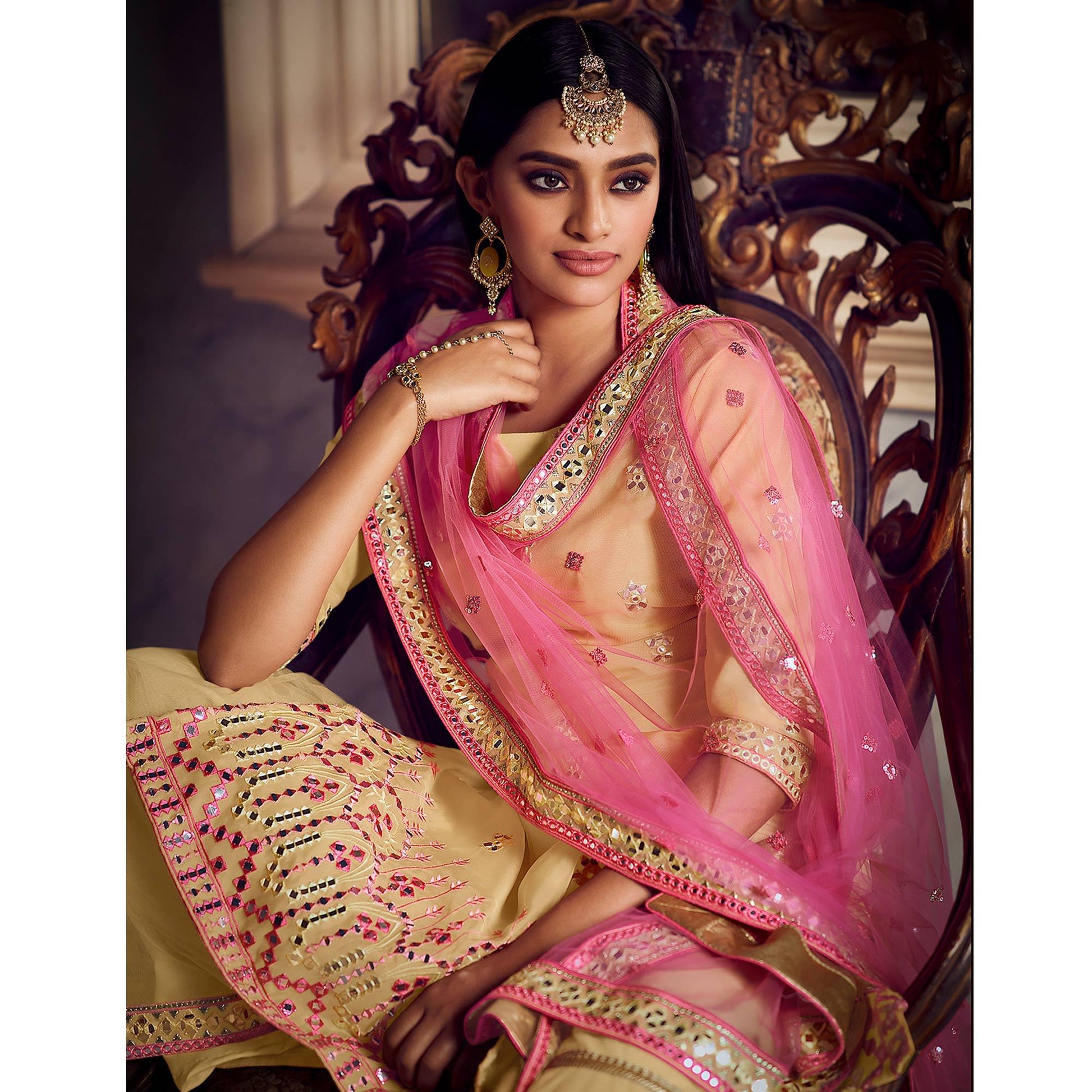 Hypnotic Beige Coloured Partywear Thread Foil Mirror Work Organza Pallazo Suit