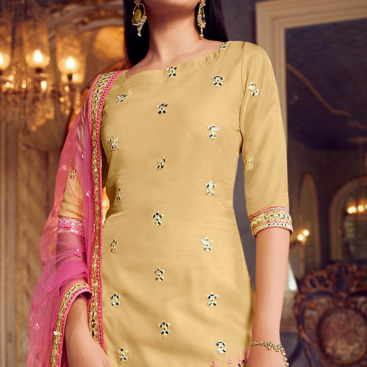 Hypnotic Beige Coloured Partywear Thread Foil Mirror Work Organza Pallazo Suit