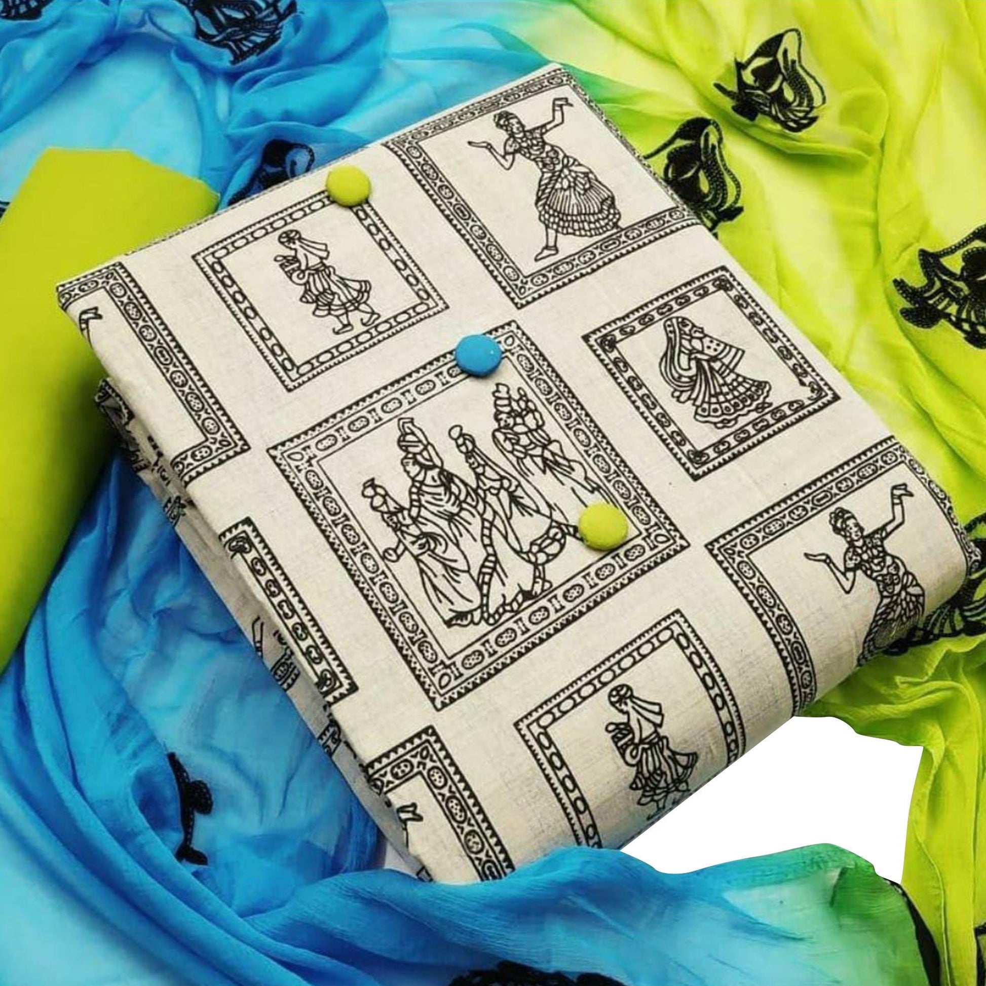 Hypnotic Beige-Green Colored Casual Wear Printed Cotton Dress Material