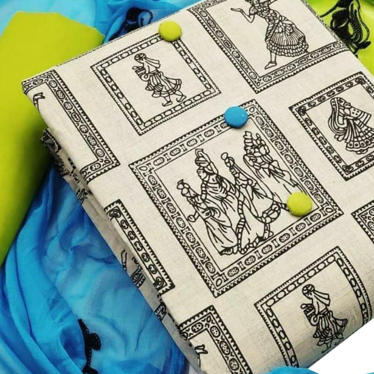 Hypnotic Beige-Green Colored Casual Wear Printed Cotton Dress Material