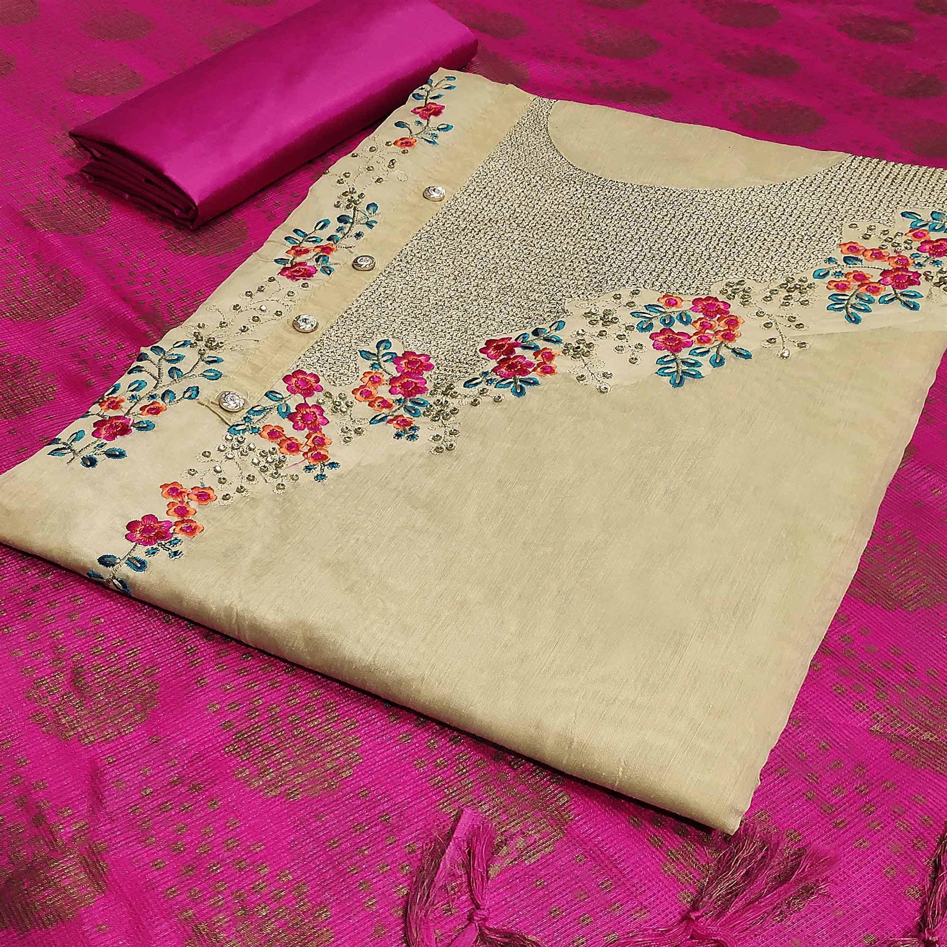Hypnotic Beige-Pink Colored Casual Embroidered Modal Silk Dress Material