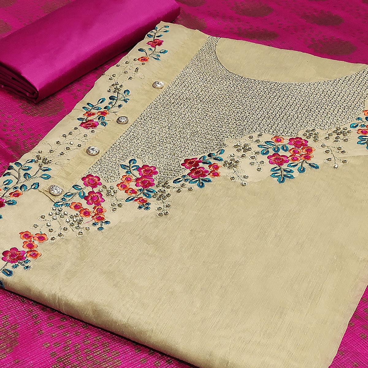 Hypnotic Beige-Pink Colored Casual Embroidered Modal Silk Dress Material