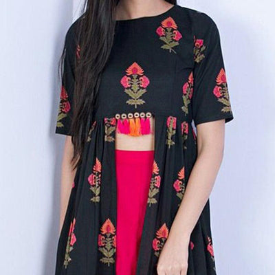 Hypnotic Black Colored Partywear Embroidered Linen Long Top-Palazzo Set