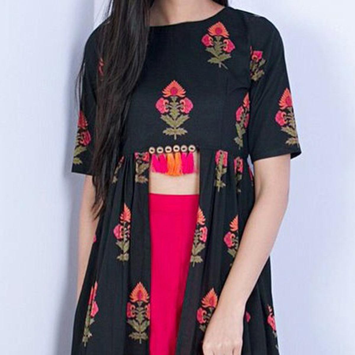 Hypnotic Black Colored Partywear Embroidered Linen Long Top-Palazzo Set