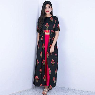 Hypnotic Black Colored Partywear Embroidered Linen Long Top-Palazzo Set