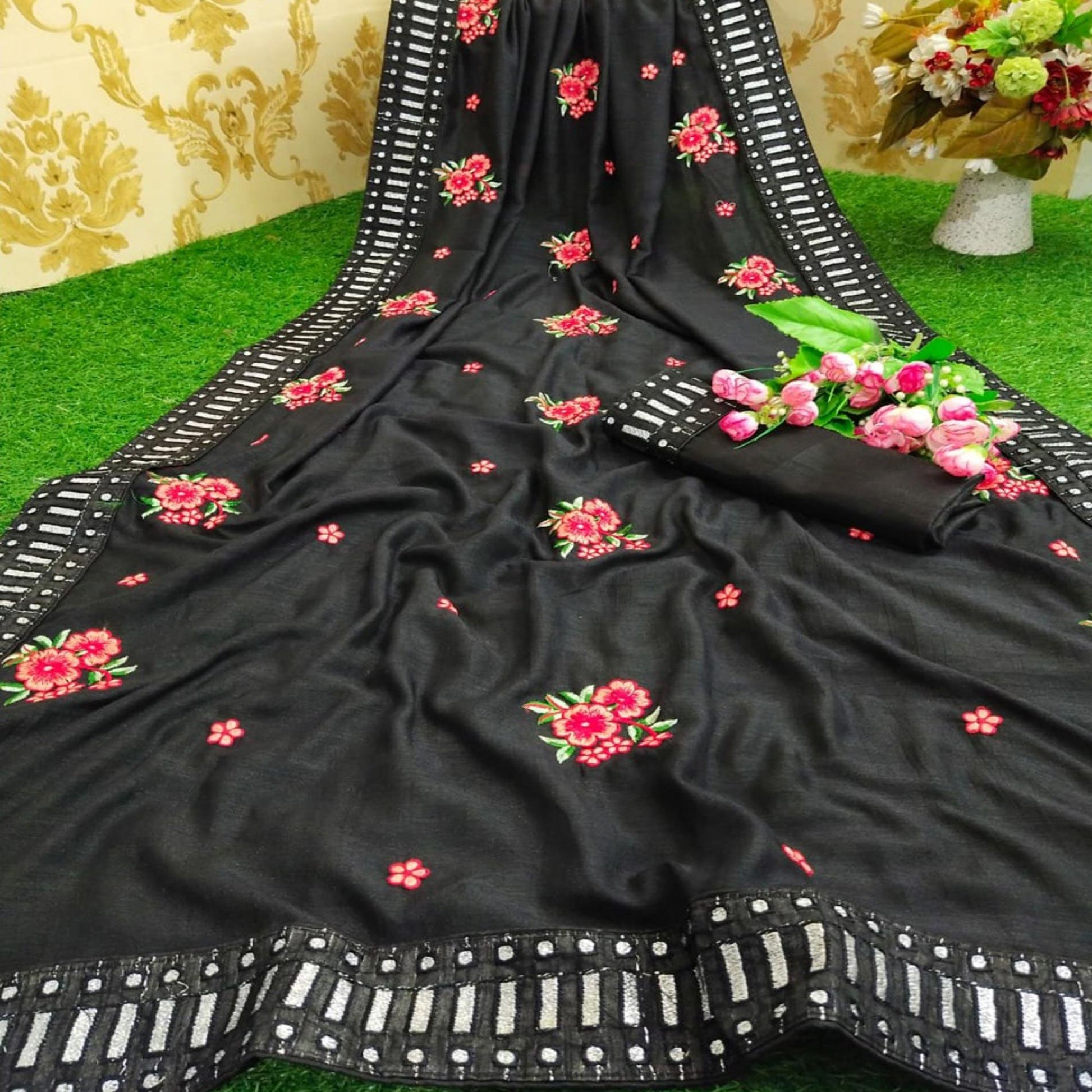 Hypnotic Black Colored Partywear Embroidered Pure Vichitra Silk Saree
