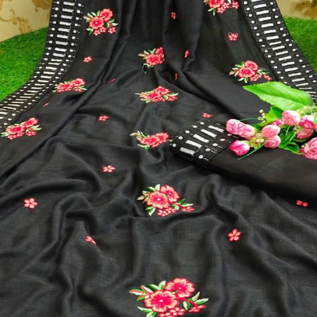 Hypnotic Black Colored Partywear Embroidered Pure Vichitra Silk Saree