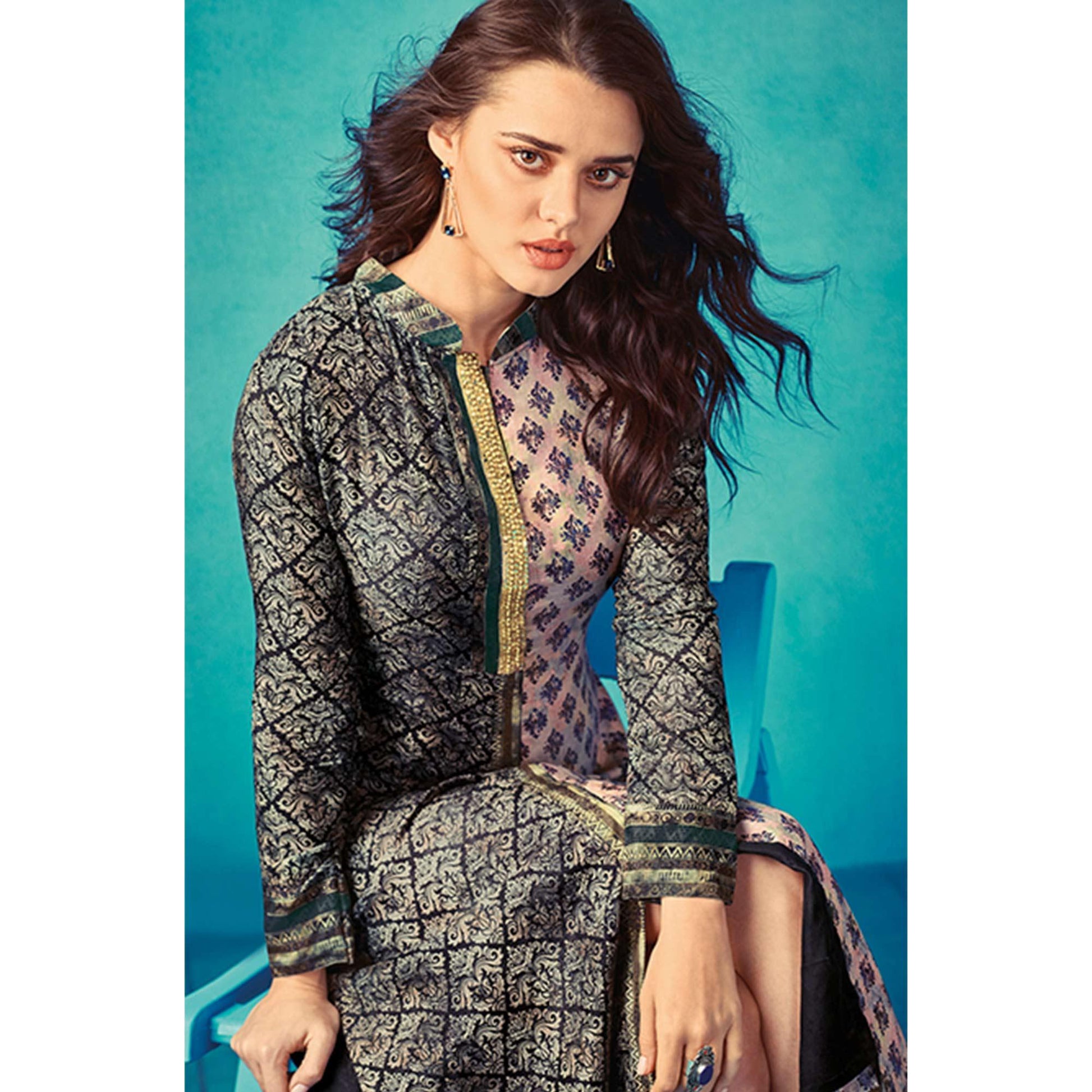 Hypnotic Black-Multi Colored Partywear Printed Cotton Kurti