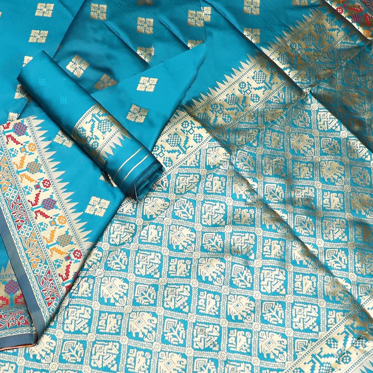 Hypnotic Blue Colored Festive Wear Woven Banarasi Silk Saree
