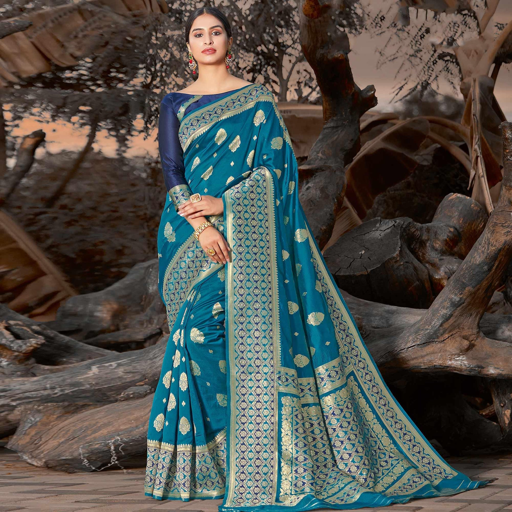 Hypnotic Blue Colored Festive Wear Woven Silk Saree