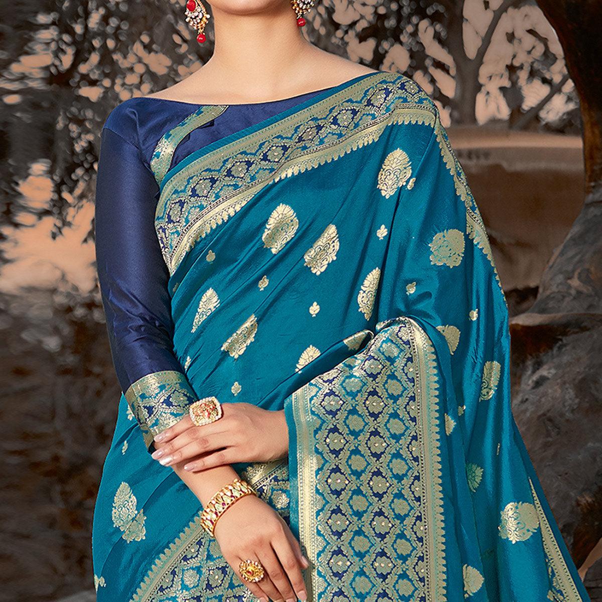 Hypnotic Blue Colored Festive Wear Woven Silk Saree