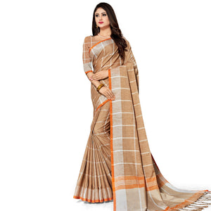 Hypnotic Brown Colored Fesive Wear Stripe Print Cotton Silk Saree With Tassels