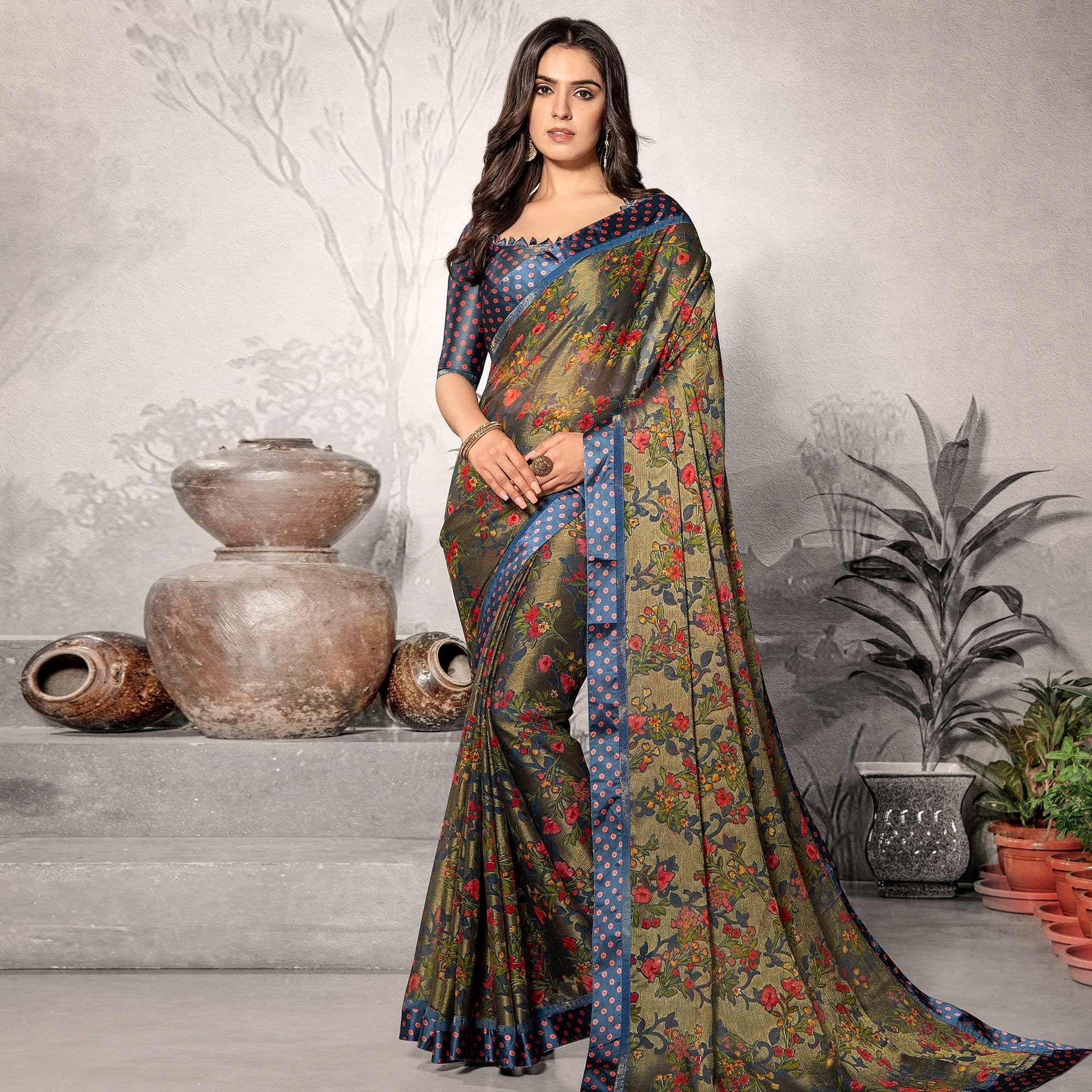 Hypnotic Dark Grey Colored Partywear Printed Chiffon Saree