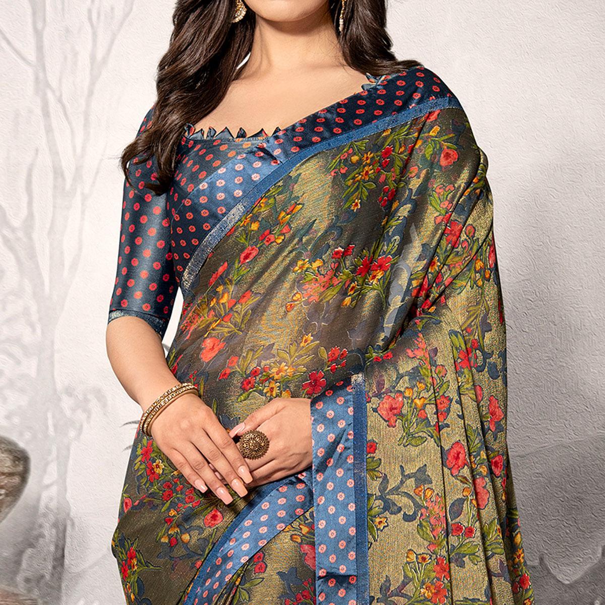 Hypnotic Dark Grey Colored Partywear Printed Chiffon Saree