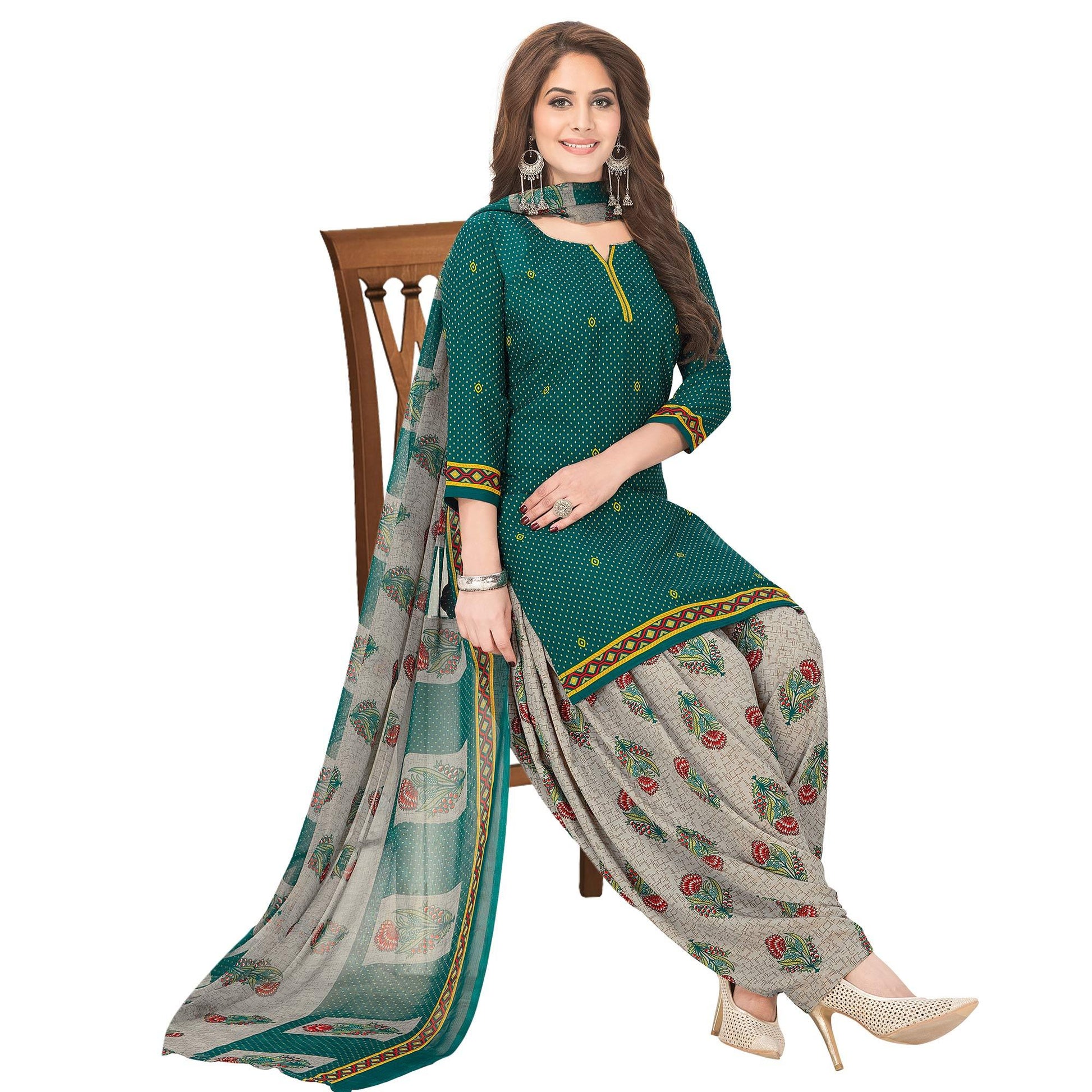 Hypnotic Green Colored Casual Wear Printed Crepe Patiala Dress Material