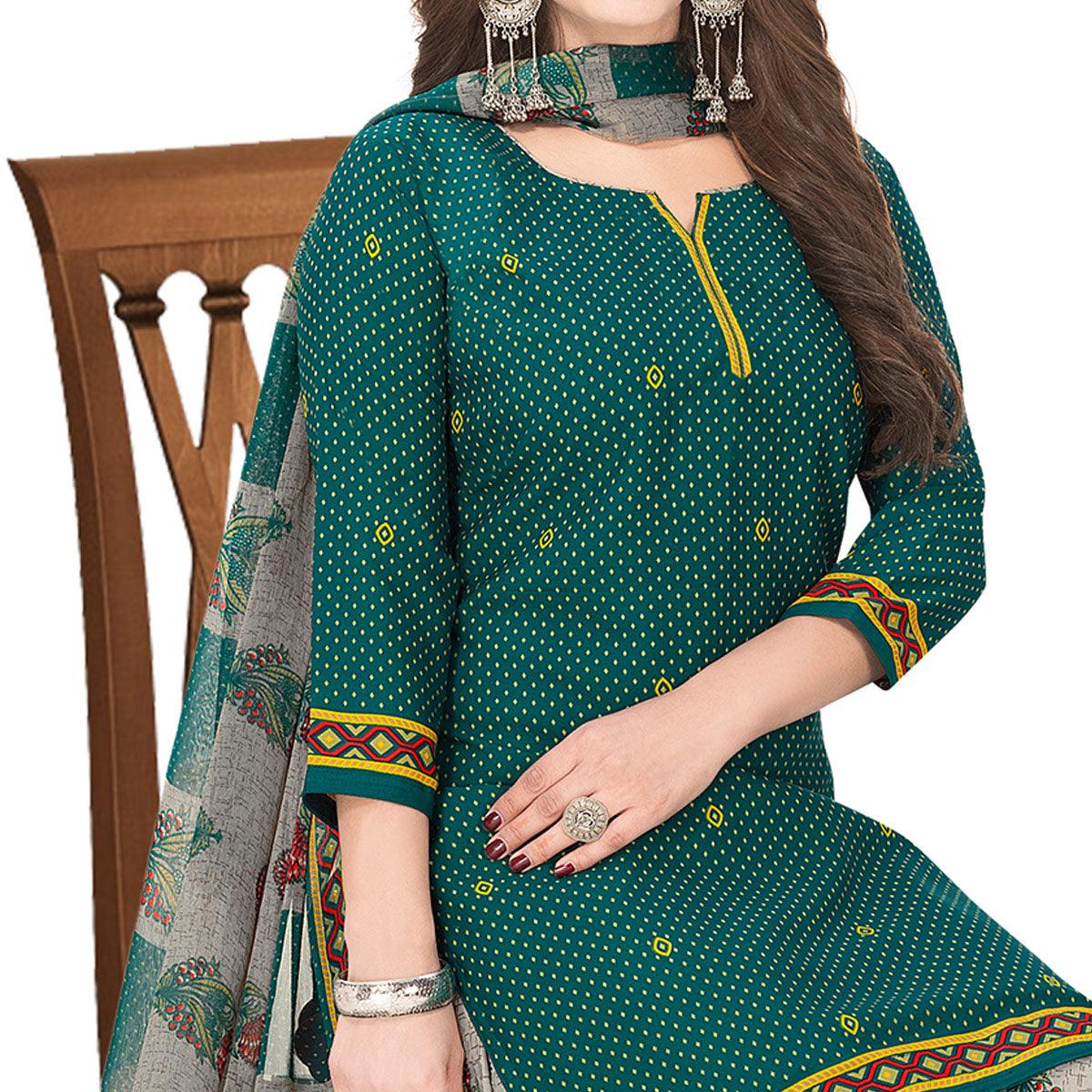 Hypnotic Green Colored Casual Wear Printed Crepe Patiala Dress Material