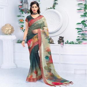 Hypnotic Green Colored Casual Wear Printed Pure Linen Saree