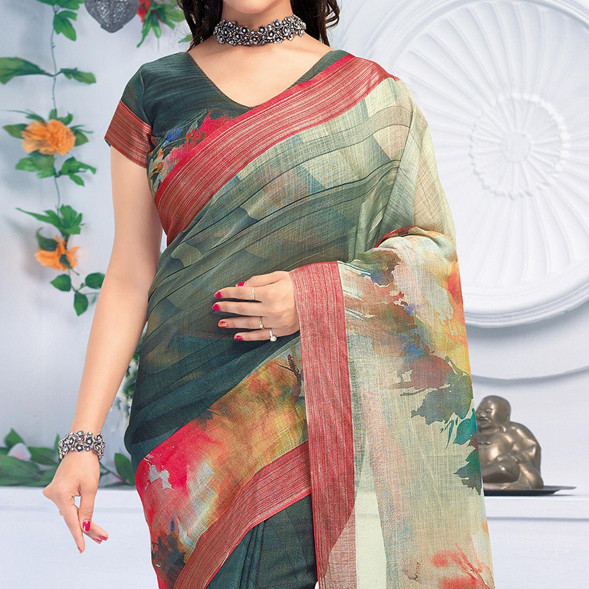 Hypnotic Green Colored Casual Wear Printed Pure Linen Saree