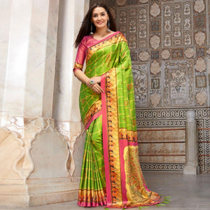 Hypnotic Green Colored Casual Wear Printed Silk Blend Saree With Tassels